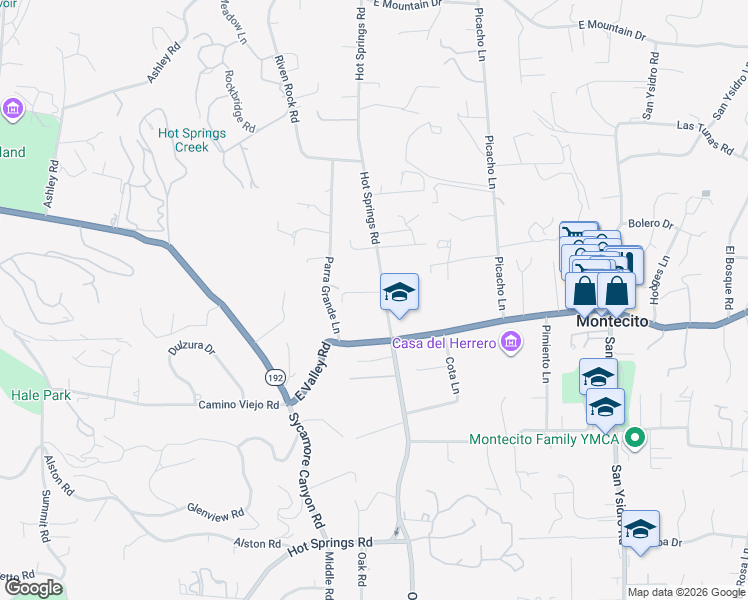 map of restaurants, bars, coffee shops, grocery stores, and more near 525 Hot Springs Road in Montecito