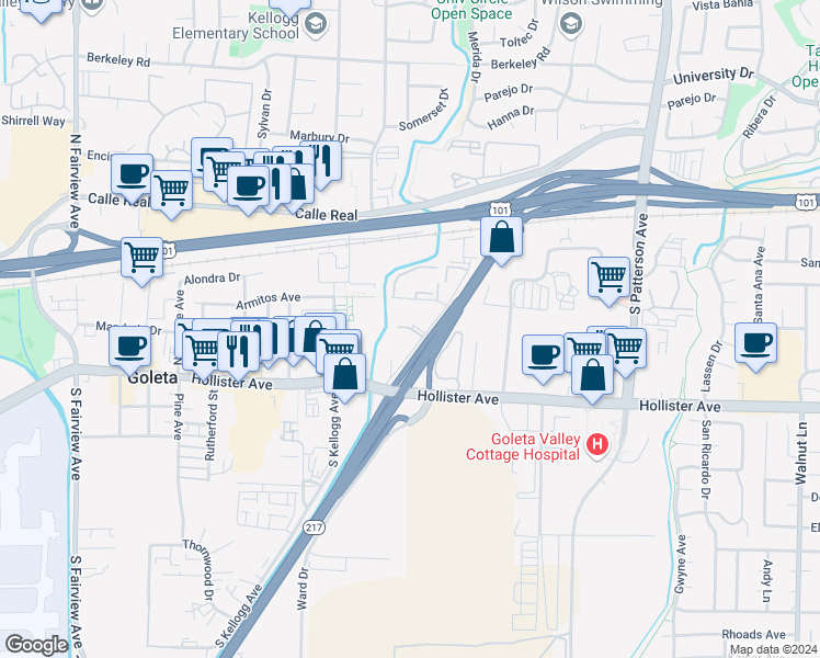 map of restaurants, bars, coffee shops, grocery stores, and more near 109 Armitos Avenue in Goleta
