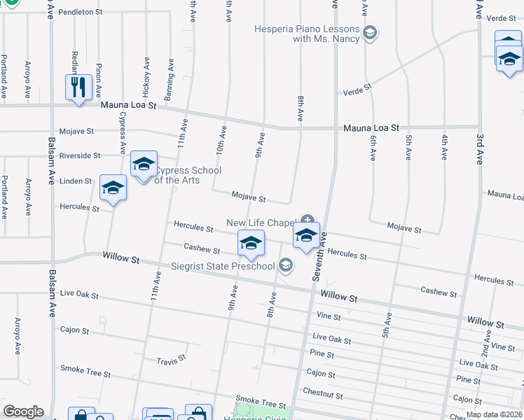 map of restaurants, bars, coffee shops, grocery stores, and more near 15889 Mojave Street in Hesperia