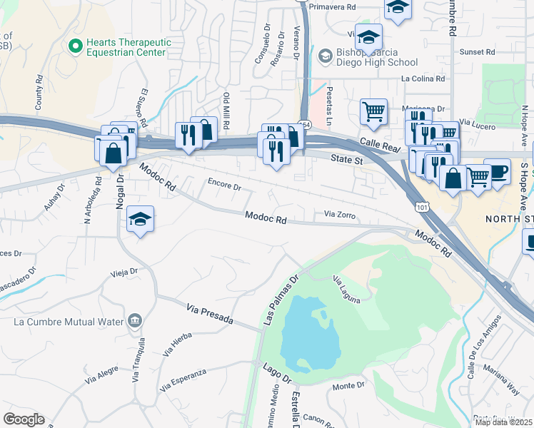 map of restaurants, bars, coffee shops, grocery stores, and more near 4136 Modoc Road in Santa Barbara