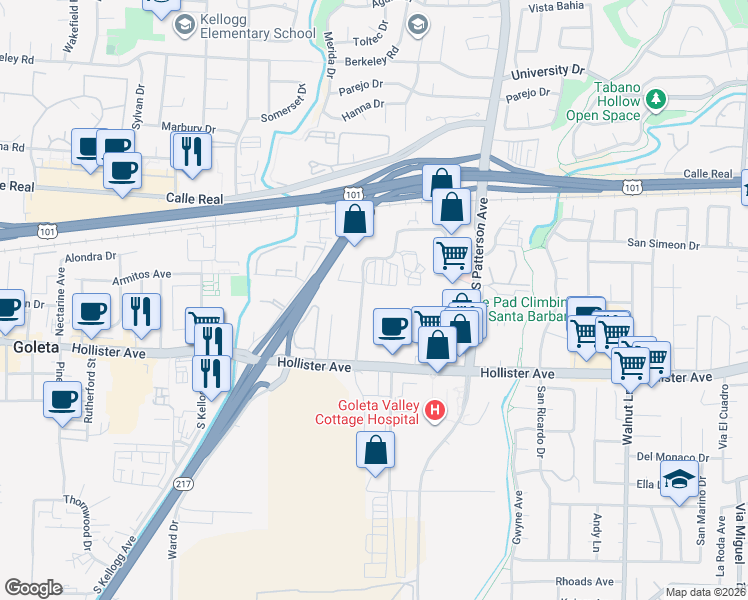 map of restaurants, bars, coffee shops, grocery stores, and more near 122 Sumida Gardens Lane in Santa Barbara