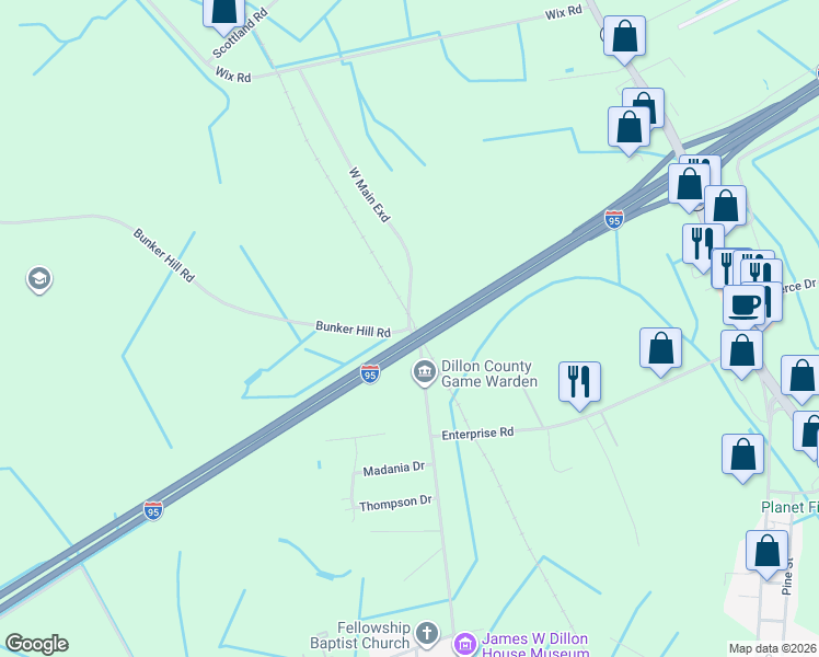 map of restaurants, bars, coffee shops, grocery stores, and more near 1538 West Main Street in Dillon