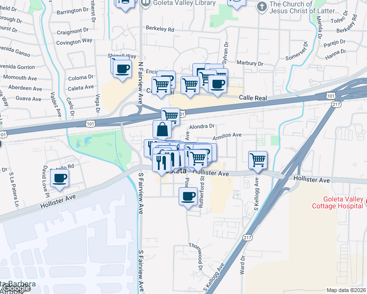 map of restaurants, bars, coffee shops, grocery stores, and more near 5810 Mandarin Drive in Goleta