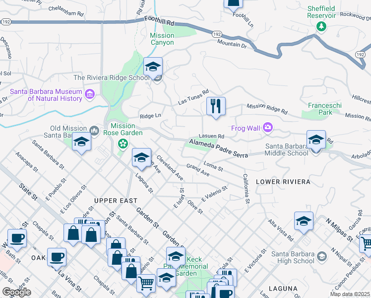 map of restaurants, bars, coffee shops, grocery stores, and more near 814 East Pedregosa Street in Santa Barbara