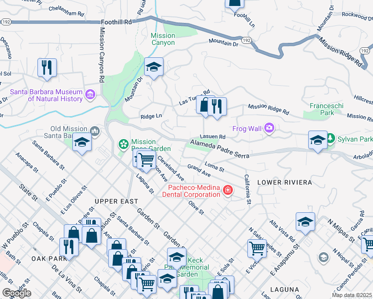 map of restaurants, bars, coffee shops, grocery stores, and more near 814 East Pedregosa Street in Santa Barbara