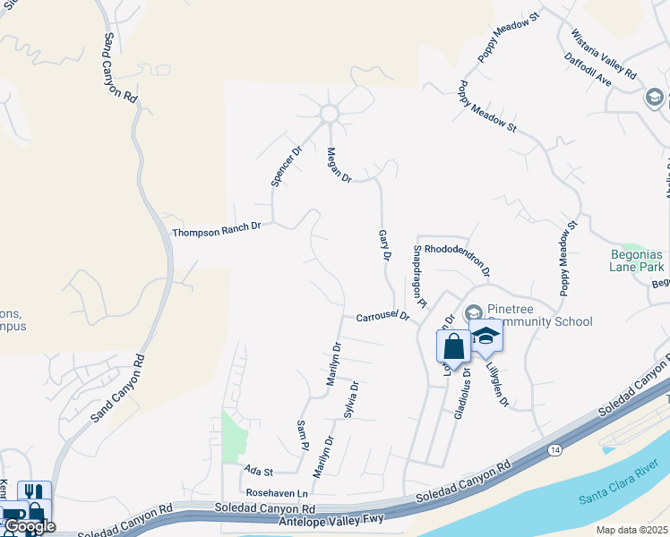 map of restaurants, bars, coffee shops, grocery stores, and more near 29264 Marilyn Drive in Santa Clarita