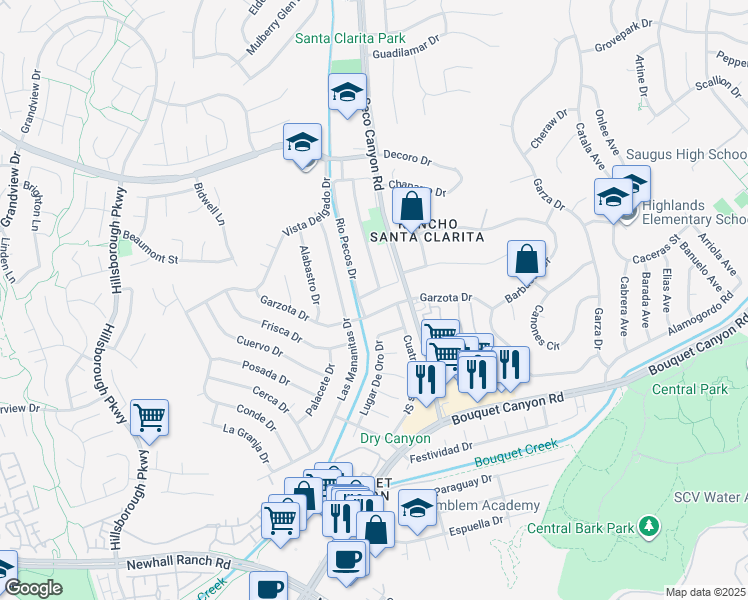 map of restaurants, bars, coffee shops, grocery stores, and more near 22810 Rio Chico Drive in Santa Clarita