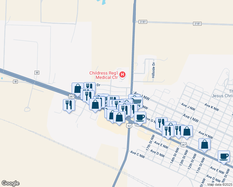 map of restaurants, bars, coffee shops, grocery stores, and more near 2007-2023 Denfield Ln in Childress
