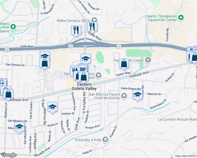 map of restaurants, bars, coffee shops, grocery stores, and more near 4750 Hollister Avenue in Santa Barbara