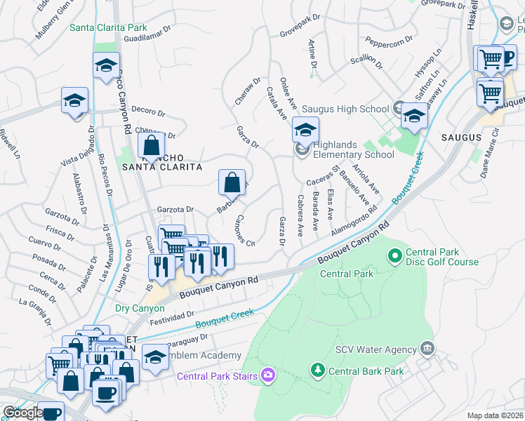 map of restaurants, bars, coffee shops, grocery stores, and more near 22144 Canones Circle in Santa Clarita