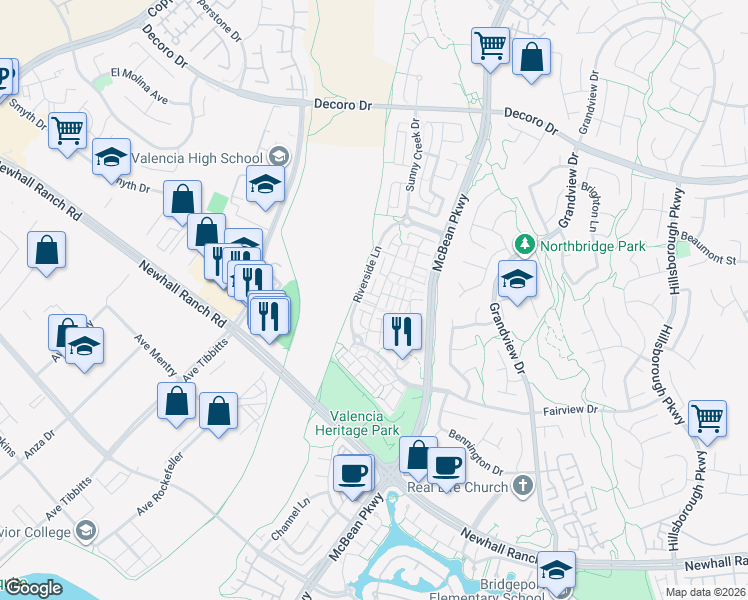 map of restaurants, bars, coffee shops, grocery stores, and more near 24081 Stone Creek Drive in Santa Clarita