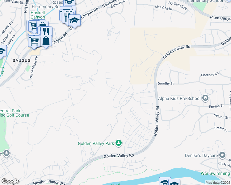 map of restaurants, bars, coffee shops, grocery stores, and more near 27649 Skylark Lane in Santa Clarita