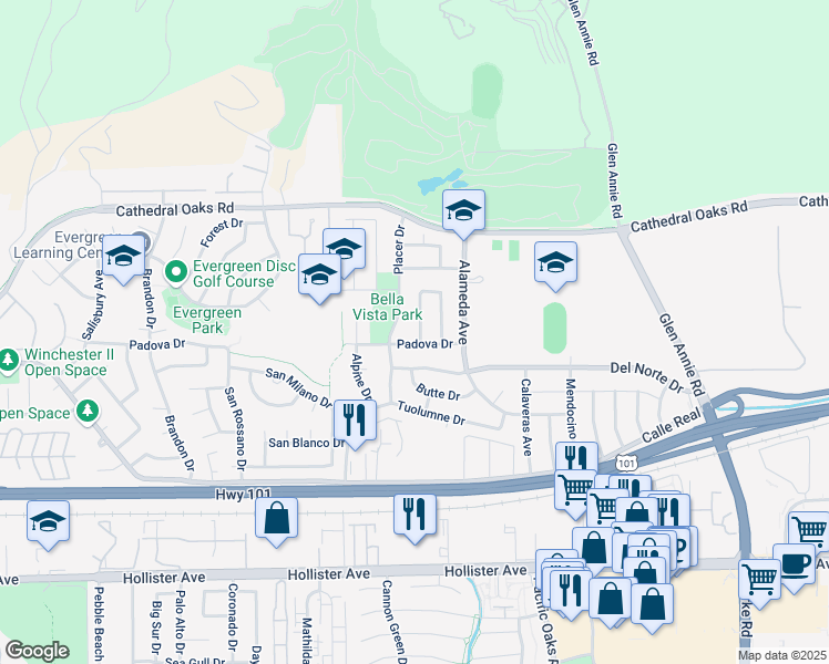 map of restaurants, bars, coffee shops, grocery stores, and more near 7341 Padova Drive in Goleta
