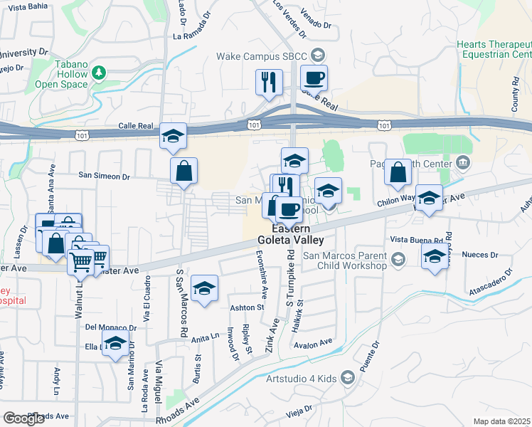 map of restaurants, bars, coffee shops, grocery stores, and more near 187 South Turnpike Road in Santa Barbara