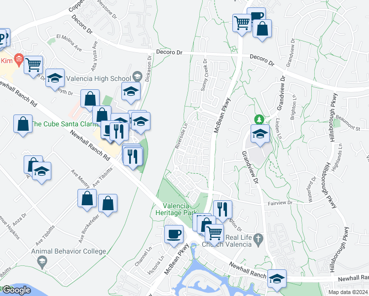 map of restaurants, bars, coffee shops, grocery stores, and more near 24081 Stone Creek Drive in Santa Clarita