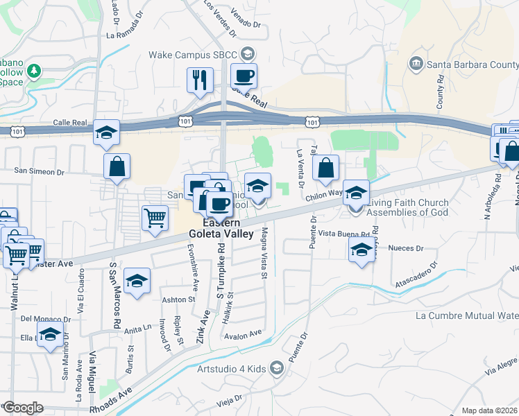 map of restaurants, bars, coffee shops, grocery stores, and more near 4750 Hollister Avenue in Santa Barbara