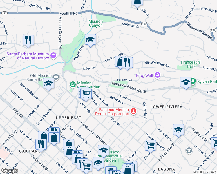 map of restaurants, bars, coffee shops, grocery stores, and more near 1828 Loma Street in Santa Barbara