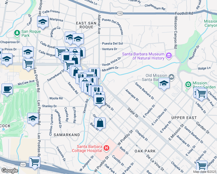 map of restaurants, bars, coffee shops, grocery stores, and more near 2643 State Street in Santa Barbara