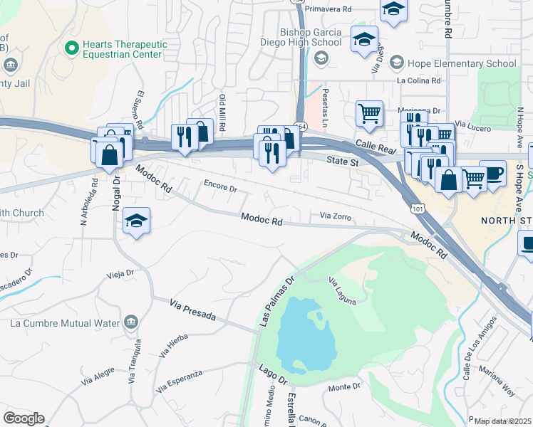 map of restaurants, bars, coffee shops, grocery stores, and more near 4136 Modoc Road in Santa Barbara
