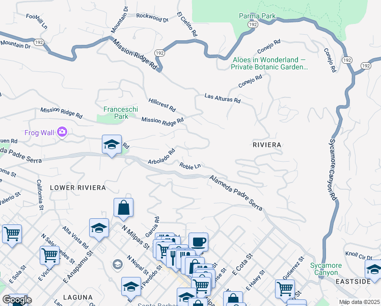 map of restaurants, bars, coffee shops, grocery stores, and more near 945 Arbolado Road in Santa Barbara