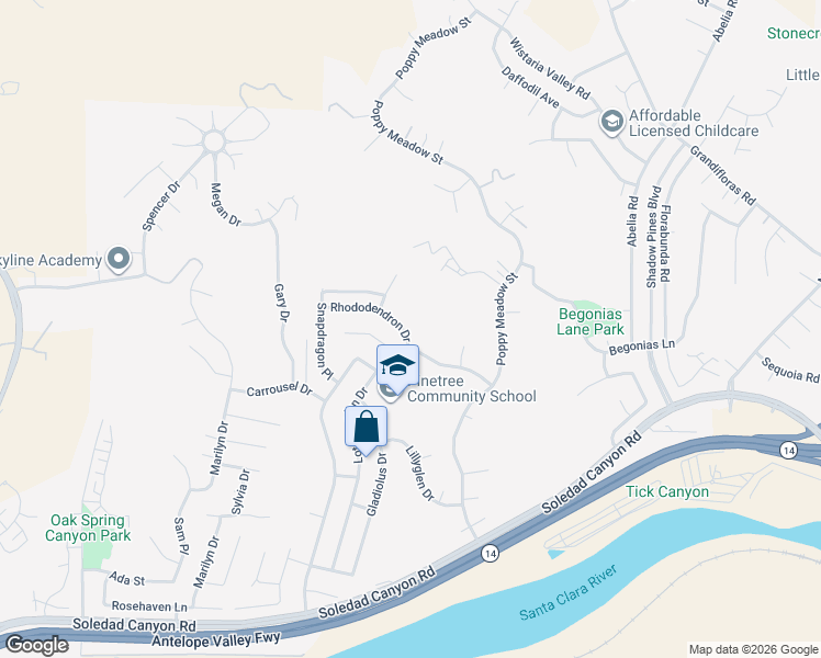 map of restaurants, bars, coffee shops, grocery stores, and more near 15300 Rhododendron Drive in Santa Clarita