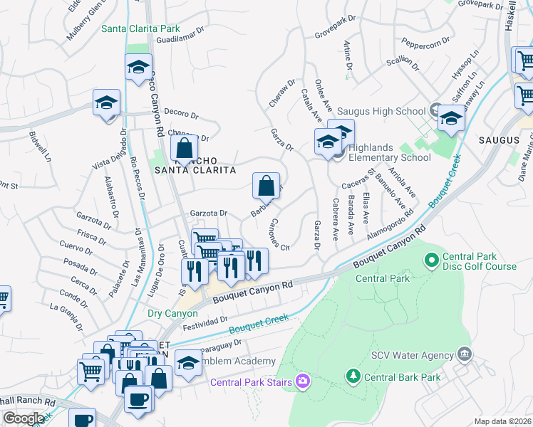 map of restaurants, bars, coffee shops, grocery stores, and more near 26917 Barbacoa Place in Santa Clarita