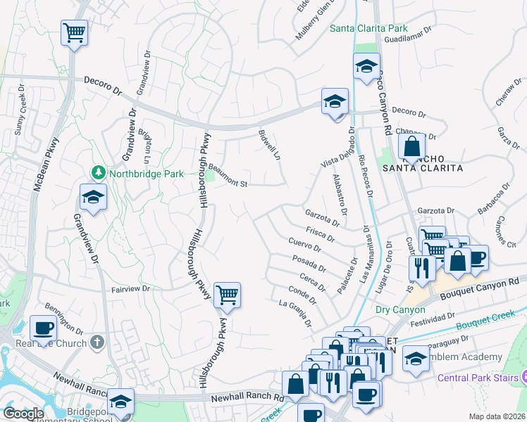 map of restaurants, bars, coffee shops, grocery stores, and more near 27118 Vista Encantada Drive in Santa Clarita