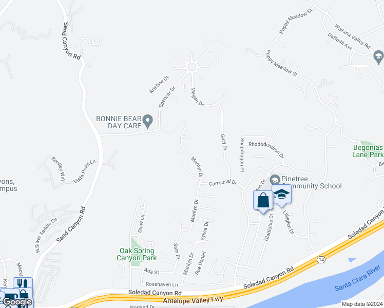 map of restaurants, bars, coffee shops, grocery stores, and more near 29306 Marilyn Drive in Santa Clarita