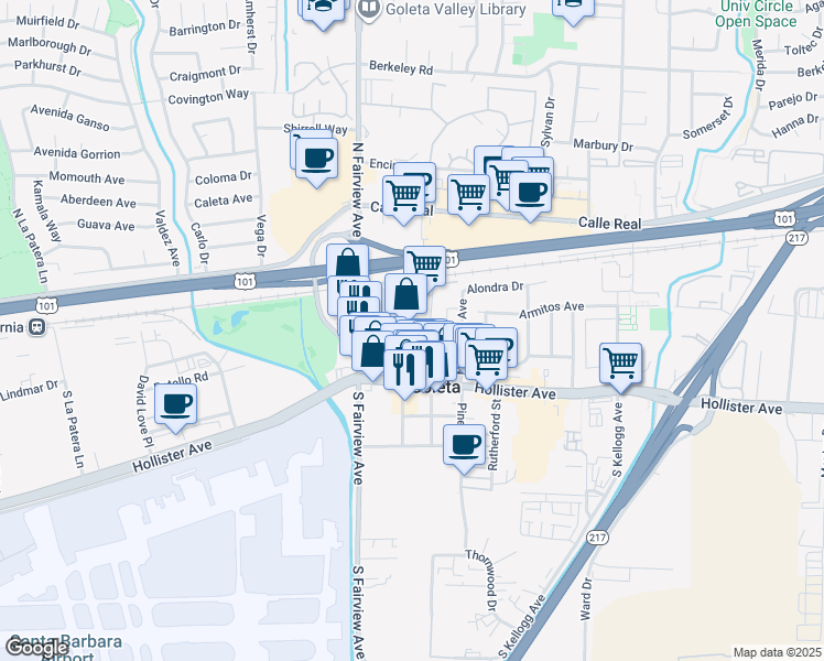 map of restaurants, bars, coffee shops, grocery stores, and more near 124 Orange Avenue in Goleta