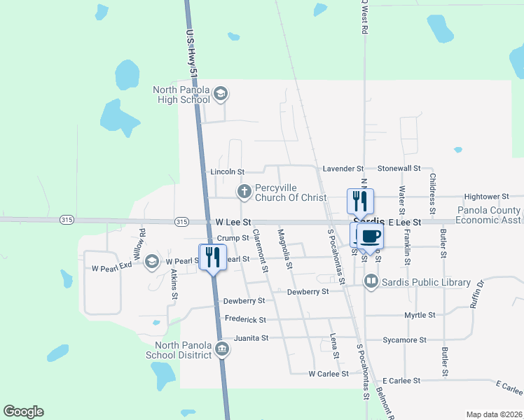 map of restaurants, bars, coffee shops, grocery stores, and more near 301-399 Highway 315 in Sardis