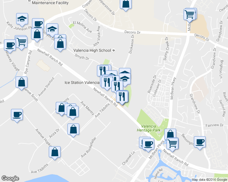 map of restaurants, bars, coffee shops, grocery stores, and more near 27606 Newhall Ranch Rd in Santa Clarita