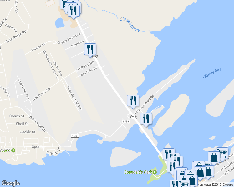 map of restaurants, bars, coffee shops, grocery stores, and more near Roland Avenue in Surf City