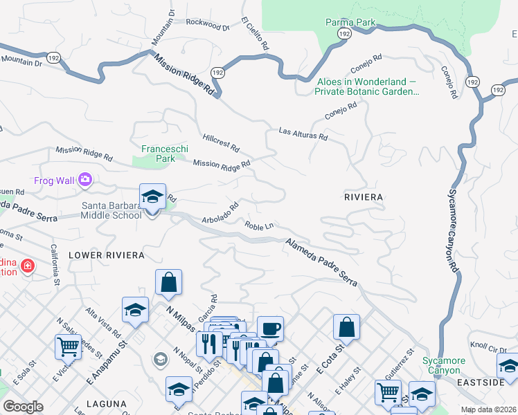 map of restaurants, bars, coffee shops, grocery stores, and more near 945 Arbolado Road in Santa Barbara