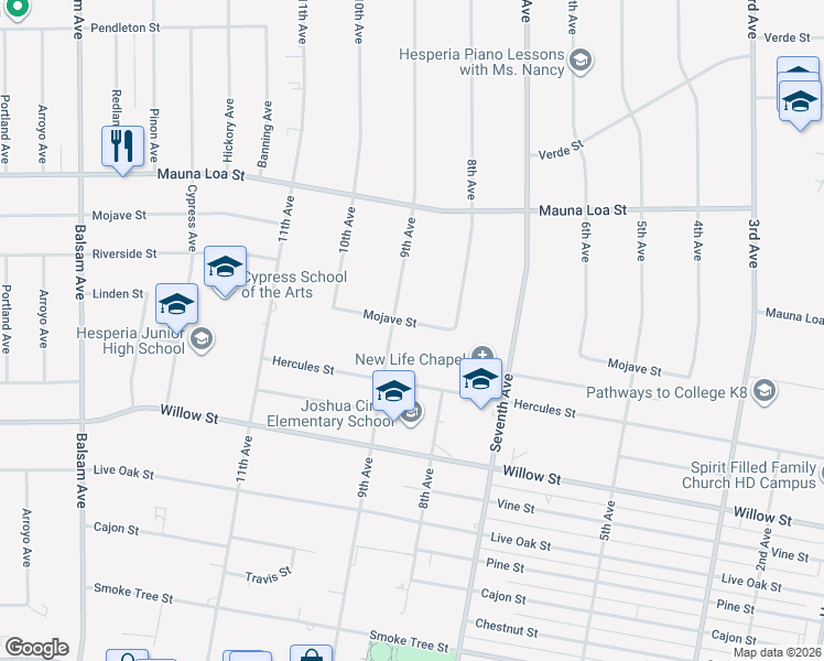 map of restaurants, bars, coffee shops, grocery stores, and more near 15889 Mojave Street in Hesperia