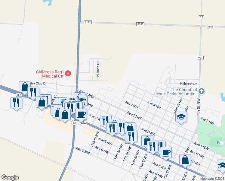 map of restaurants, bars, coffee shops, grocery stores, and more near 18th Street Northwest in Childress