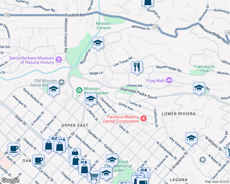 map of restaurants, bars, coffee shops, grocery stores, and more near 1828 Loma Street in Santa Barbara