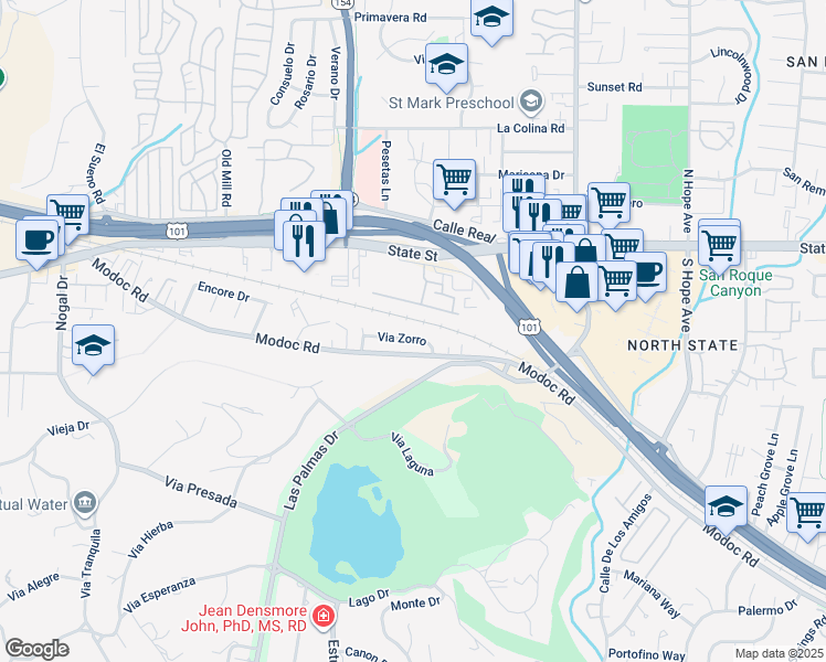 map of restaurants, bars, coffee shops, grocery stores, and more near 4033 Via Zorro in Santa Barbara