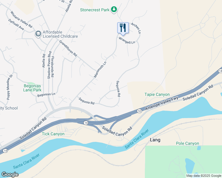 map of restaurants, bars, coffee shops, grocery stores, and more near 14233 Yellowstone Lane in Santa Clarita