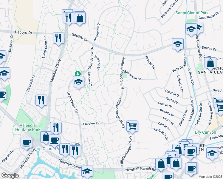 map of restaurants, bars, coffee shops, grocery stores, and more near 27204 Rosemont Lane in Santa Clarita