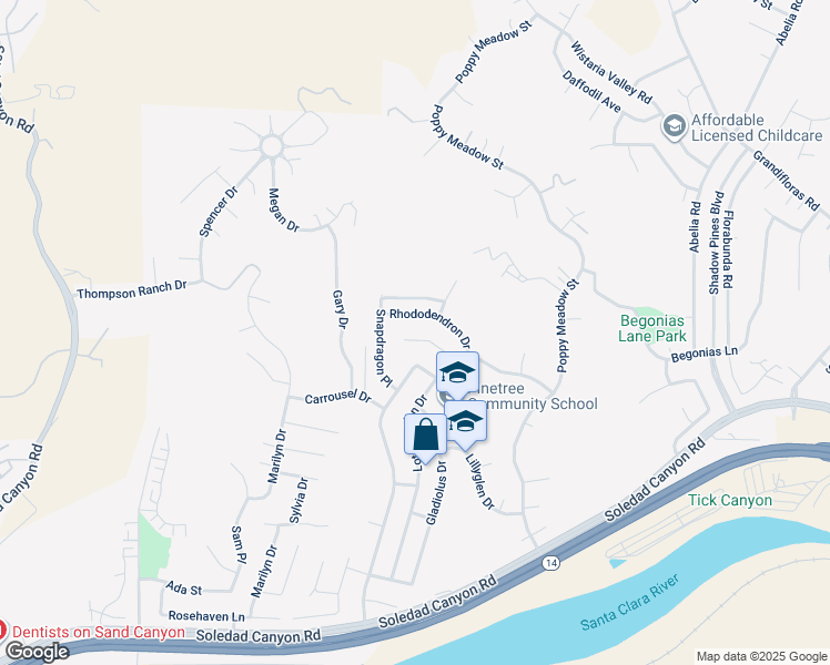 map of restaurants, bars, coffee shops, grocery stores, and more near 15353 Violet Lane Way in Santa Clarita