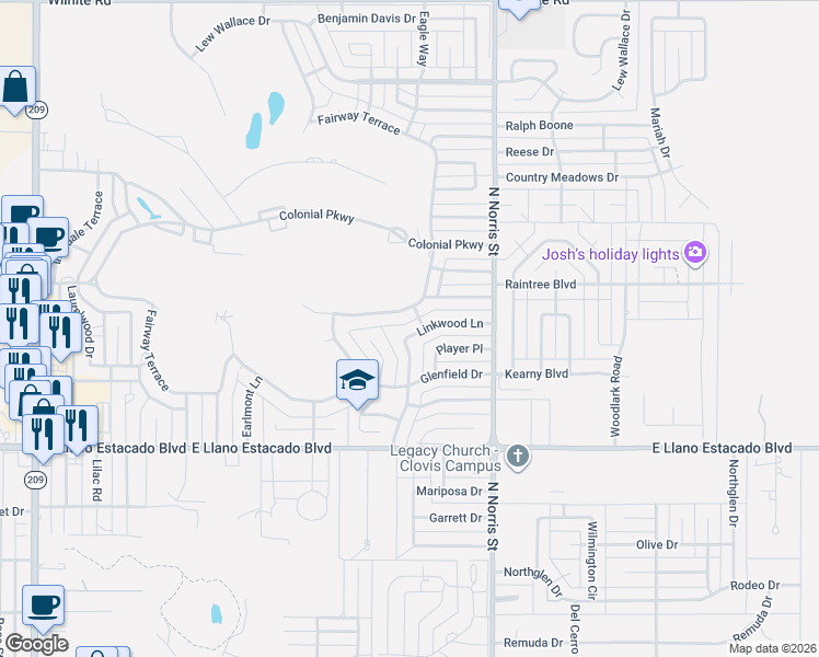 map of restaurants, bars, coffee shops, grocery stores, and more near 3616 Linkwood Lane in Clovis