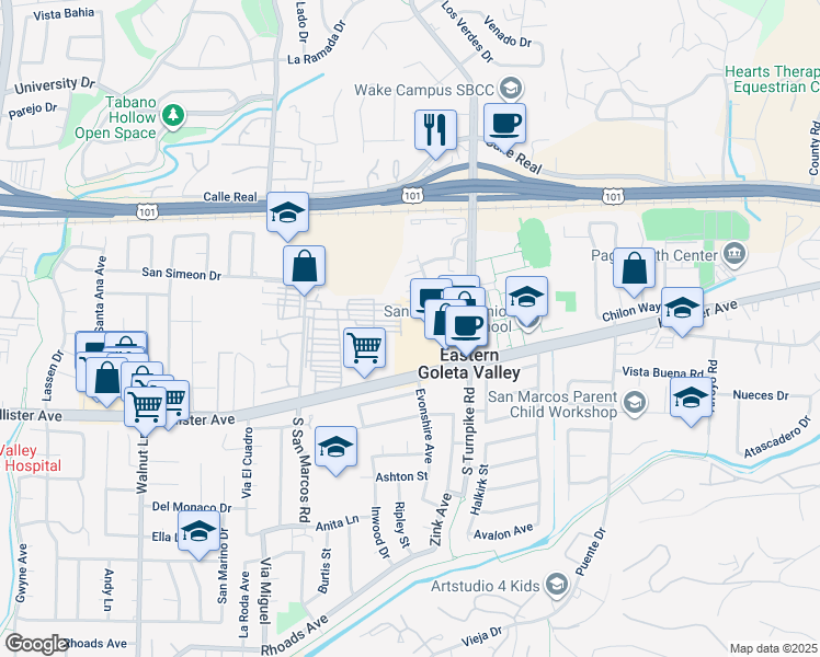 map of restaurants, bars, coffee shops, grocery stores, and more near 187 South Turnpike Road in Santa Barbara