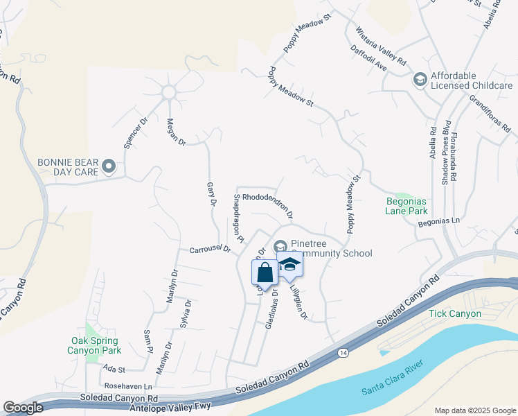 map of restaurants, bars, coffee shops, grocery stores, and more near 15353 Violet Lane Way in Santa Clarita