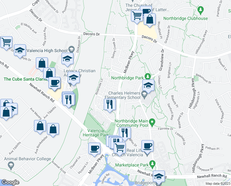 map of restaurants, bars, coffee shops, grocery stores, and more near 27402 Dearborn Drive in Santa Clarita