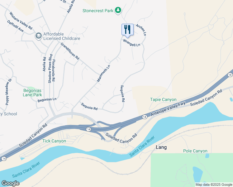 map of restaurants, bars, coffee shops, grocery stores, and more near 14221 Yellowstone Lane in Santa Clarita