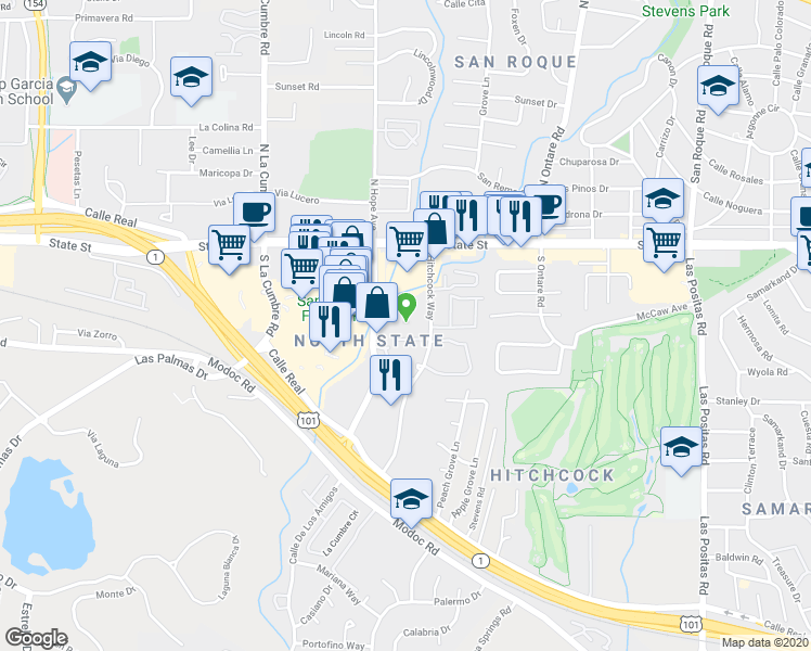 map of restaurants, bars, coffee shops, grocery stores, and more near 36 Hitchcock Way in Santa Barbara