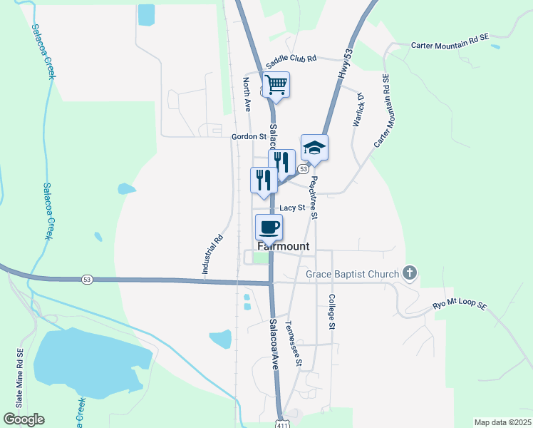 map of restaurants, bars, coffee shops, grocery stores, and more near 2597 U.S. 411 in Fairmount