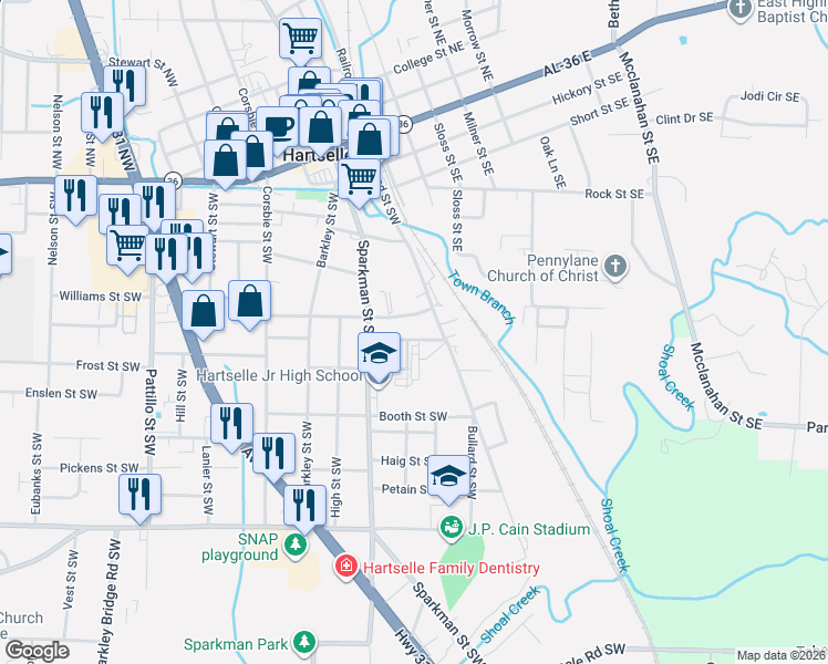 map of restaurants, bars, coffee shops, grocery stores, and more near 108 Pearl Street Southwest in Hartselle
