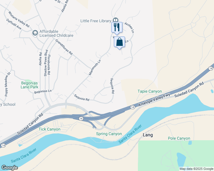 map of restaurants, bars, coffee shops, grocery stores, and more near 14221 Yellowstone Lane in Santa Clarita