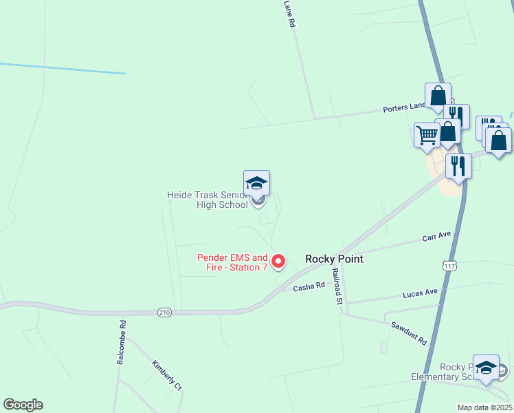 map of restaurants, bars, coffee shops, grocery stores, and more near 14328 North Carolina 210 in Rocky Point